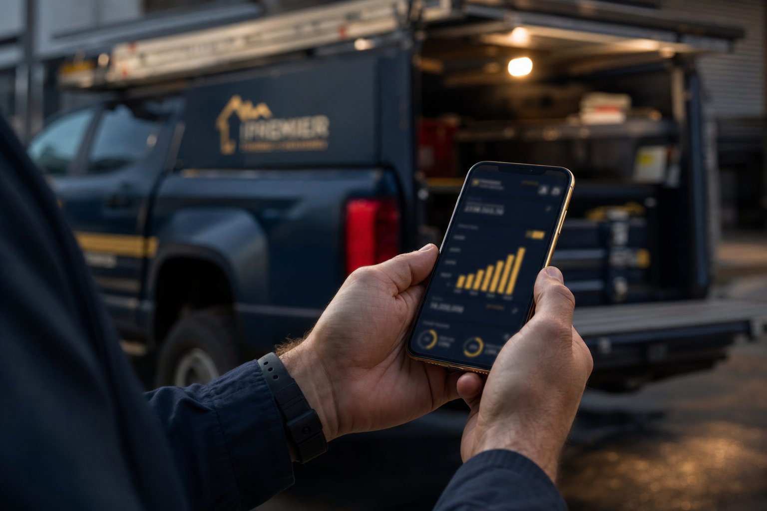 Service business owner holding a smartphone with a dashboard showing call analytics — Digitalift article on Google Ads tracking gaps for Orange County contractors