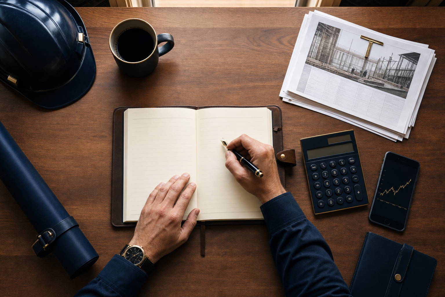 Editorial flat-lay of a contractor's desk with notebook, pen, calculator and smartphone — Digitalift article on cost per booked job