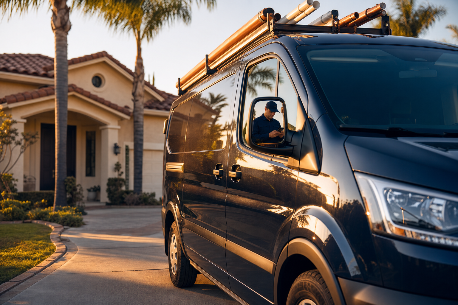Orange County plumbing contractor van parked at a stucco home in golden afternoon light — Digitalift article on plumbing marketing in OC